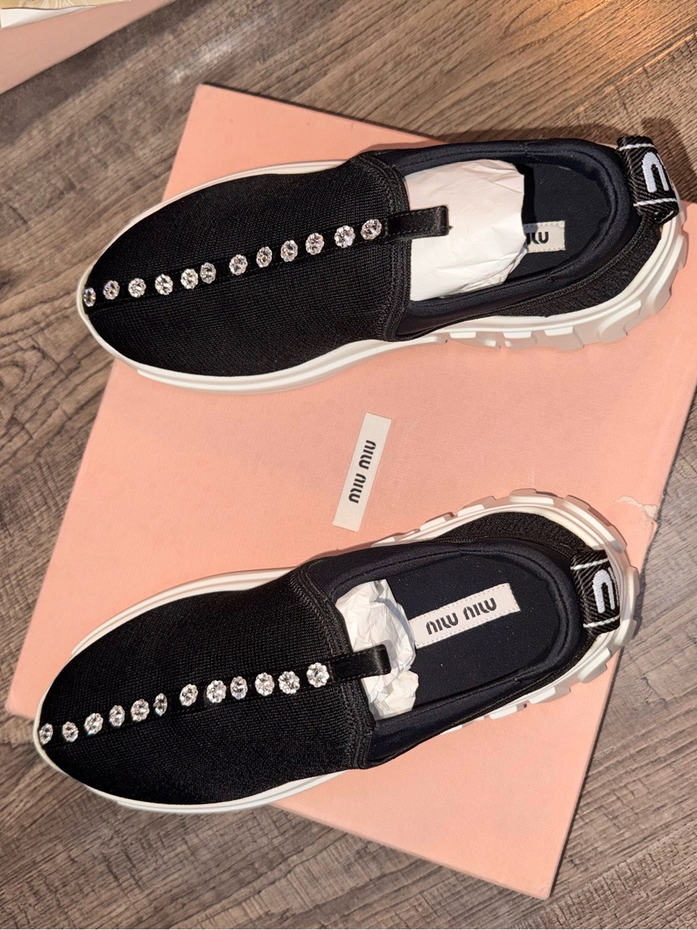 New In Box Miu Miu Black Fabric Crystal Embellished Slip On Sneakers Size 35